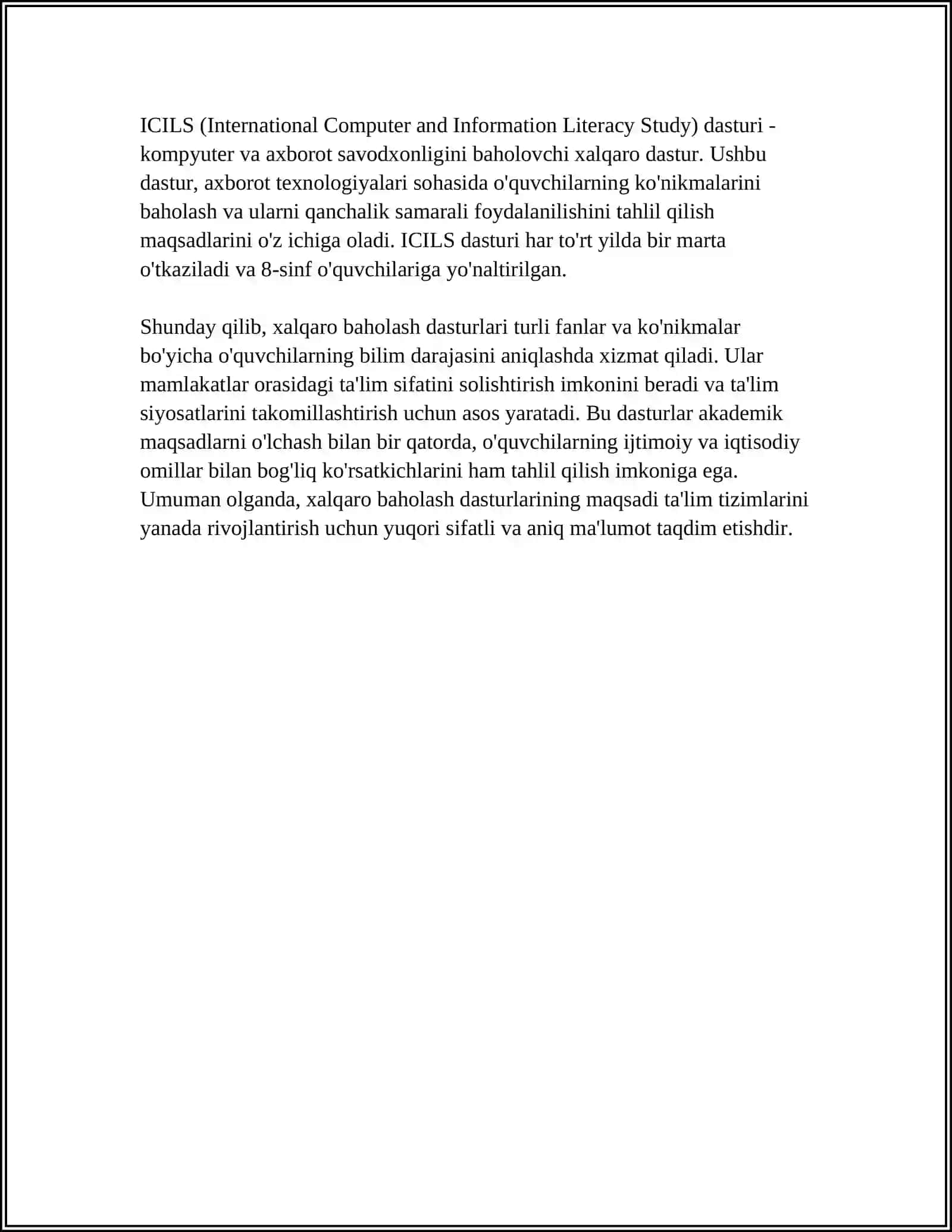 XALQARO BAHOLASH DASTURLARI FANINING MAQSAD VA VAZIFALARI XALQ TA’LIMI TIZIMIDA TA’LIM SIFATINI BAHOLASH BO‘YICHA XALQARO TADQIQOTLARNI (PISA, TIMSS, PIRLS, TALIS) JORIY ETISHNING ME’YORIY-HUQUQIY ASOSLARI VA CHORA-TADBIRLAR 4