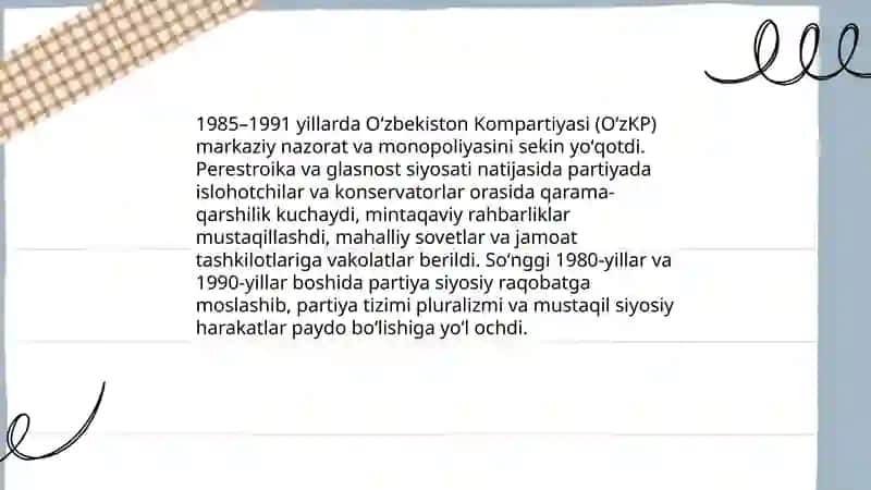 Qayta qurish yillarida Oʻzbekistondagi ijtimoiy-siyosiy vaziyat 4