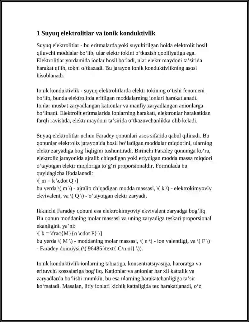 SUYUQLIKLARDA ELEKTR TOKI. FARADYEY QONUNLARI. YARIM OʻTKAZGICHLAR 4