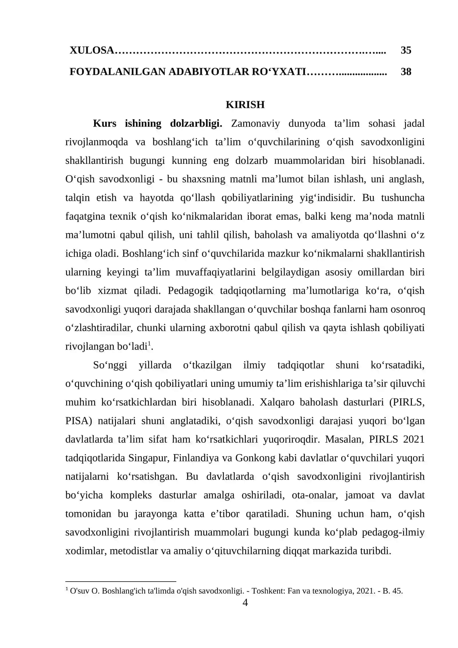 Kurs ishi - "O‘qish savodxonligidan dars turlari va ularga qo‘yiladigan talablar" 4