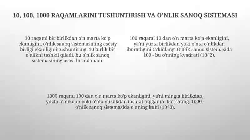 Konsentral (10, 100, 1000 va ko‘p xonali sonlar) bo‘yicha nomerlashga o‘rgatish metodi 4