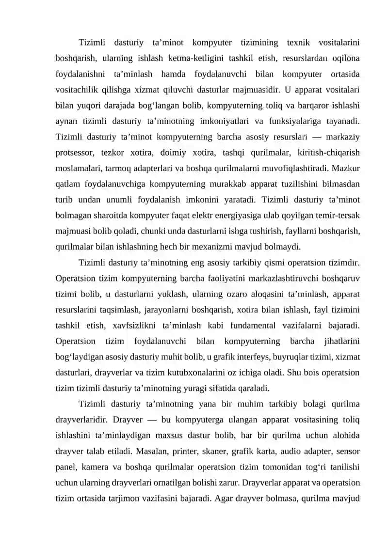 Tizimli dasturiy ta’minot. Operasion tizimlar va ularning turlari. Zamonaviy operatsion tizmlar mavzusini oqitish metodikasi. 4