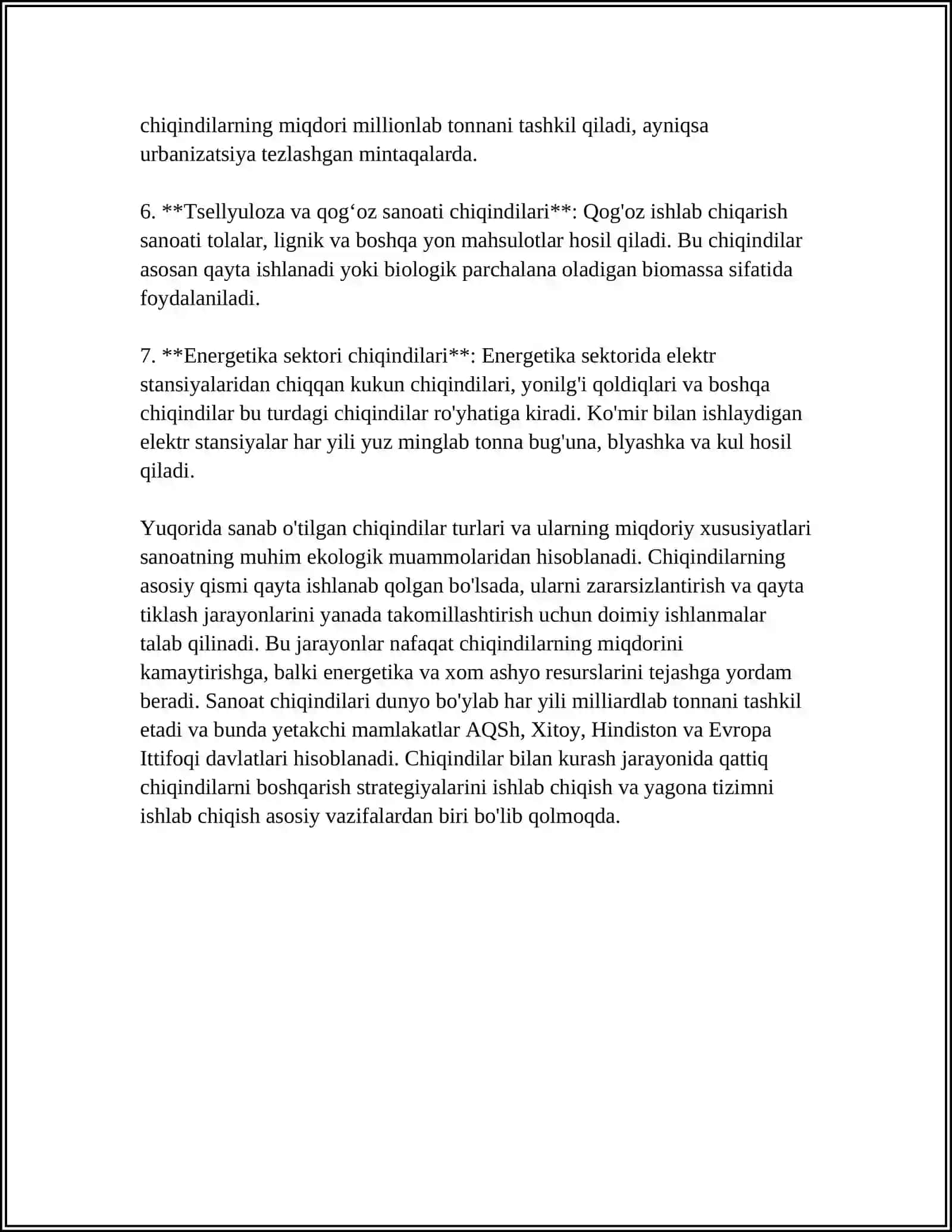 Sanoatda hosil bo'ladigan qattiq chiqindilar va ularni qayta ishlash 4