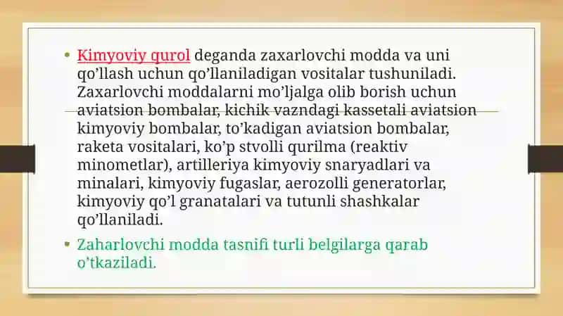 KIMYOVIY QUROL. KIMYOVIY ZАRАRLАNISH О’CHОG’I. KIMYOVIY VAZIYATNI BAHOLASH. 4