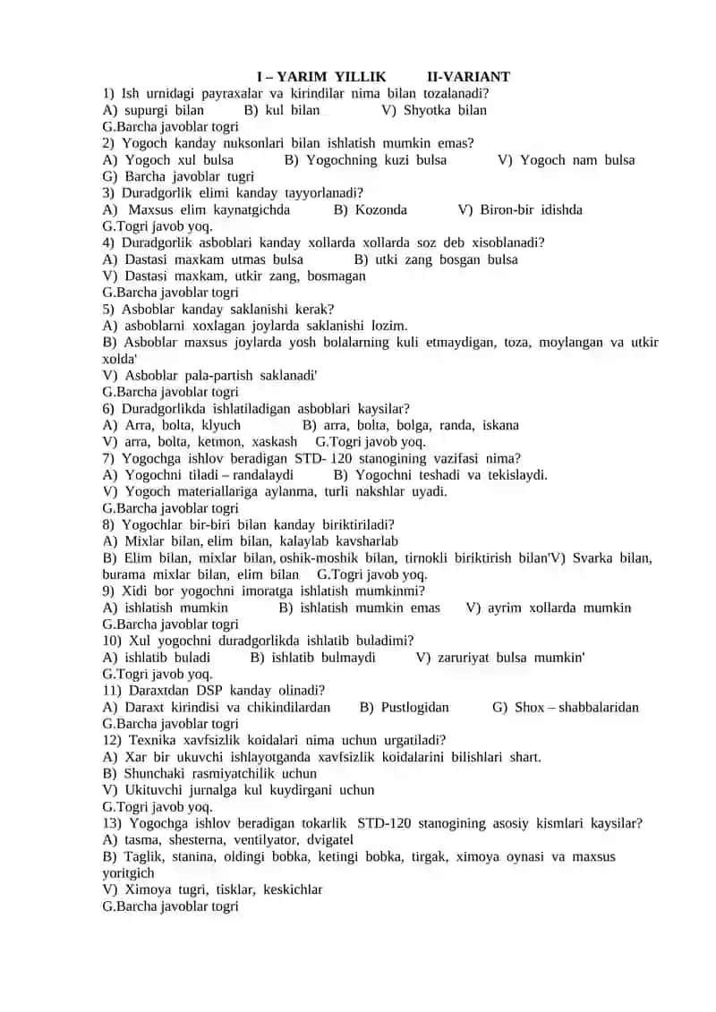 Mexnat ta'limi test savollari 4
