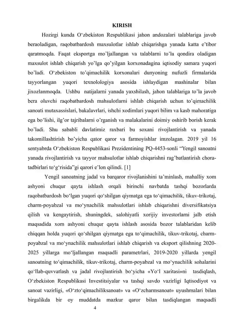 KURS ISHI                                                  Mavzu: Quvvati 3.1 mln. Pog. m. Art. 3616  xom  “ Sukno ”  matosini ishlab chiqarishga mo‘ljallangan  to‘quv korxonasining  texnologik  jarayonlarni  loyihalash. 4