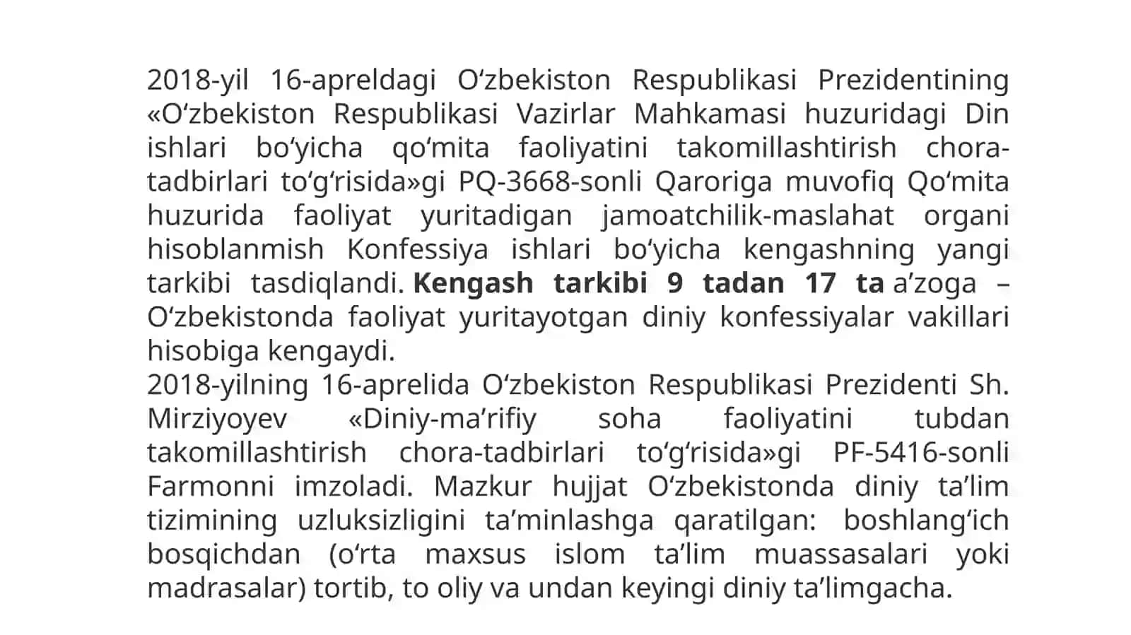 O’ZBEKISTON RESPUBLIKASINING PREZIDENTI SHAVKAT MIRZIYOYEVNING DINIY BAG’RIKENGLIK SOHASIDA OLIB BORGAN OQILONA SIYOSATI 4