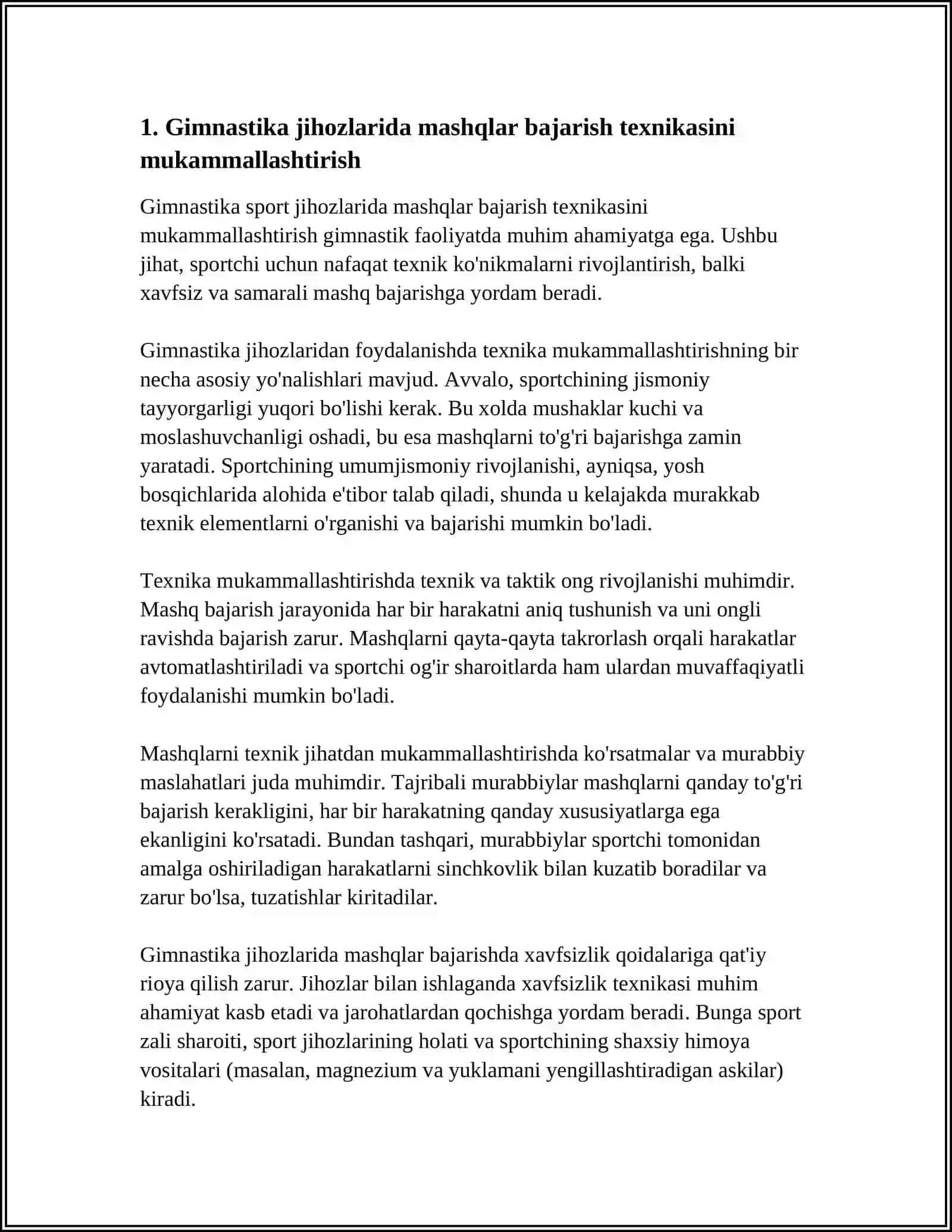 GIMNASTIKA SPORT JIHOZLARIDA MASHQLAR BAJARISH BO'YICHA MAHORATINI OSHIRISH 4