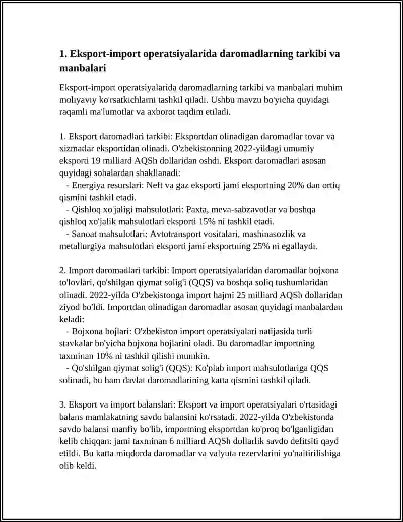 EKSPORT-IMPORT OPERATSIYALARIDAN OLINGAN DAROMAD VA XARAJATLAR TAHLILI 4