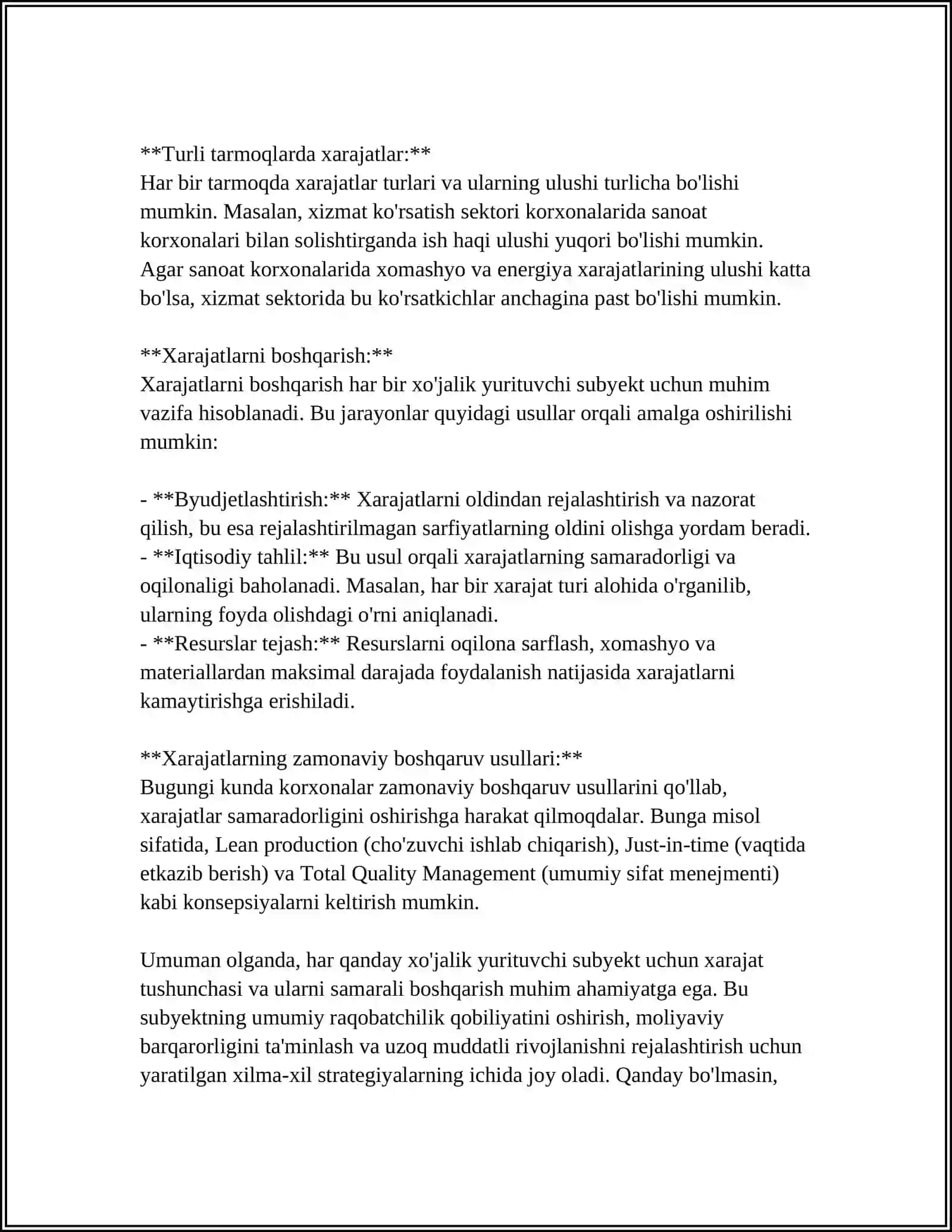 XO'JALIK YURITUVCHI SUBYEKTLARNING XARAJATLARI: MOHIYATI, TARKIBI, KLASSIFIKATSIYALANISHI VA SAMARADORLIGINI BAHOLASH 4