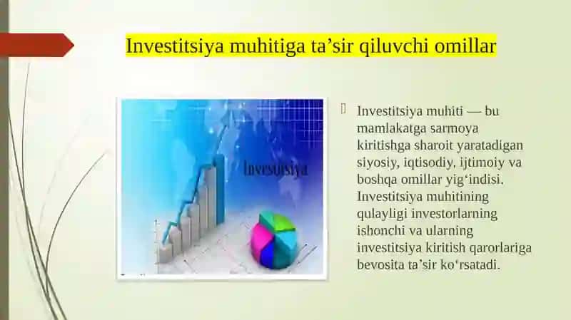 Investitsiya faoliyatini rivojlantirishda investitsiya muhitining o‘rni 4