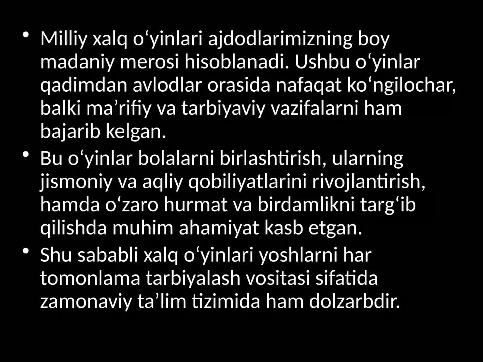 Milliy xalq o`yinlaridan na`munalar keltirib ularning ta`limiy-tarbiyaviy g`oyasini ochib bering 4