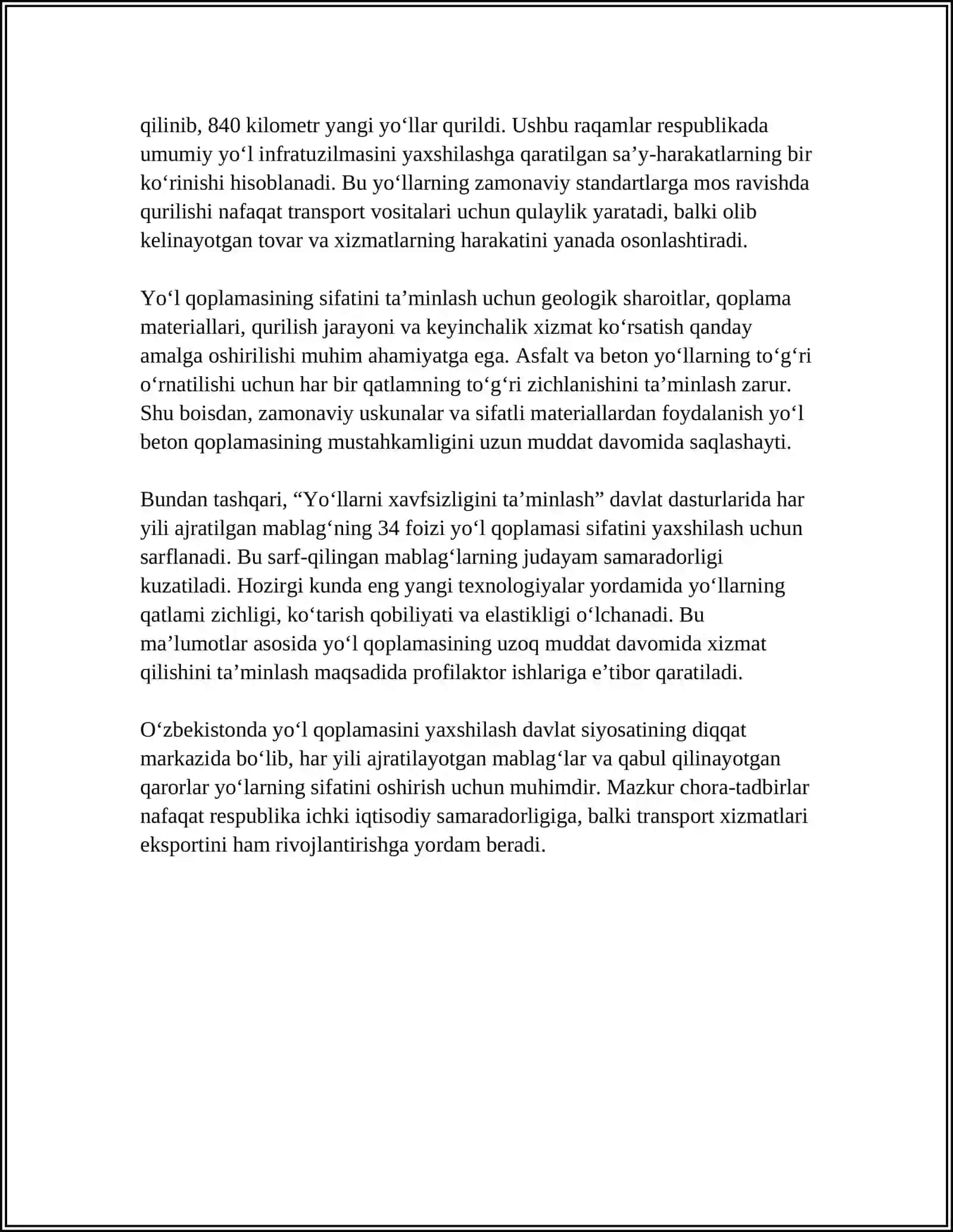AVTOMOBIL YOʻLLARIGA QOʻYILADIGAN ASOSIY TALABLAR 4