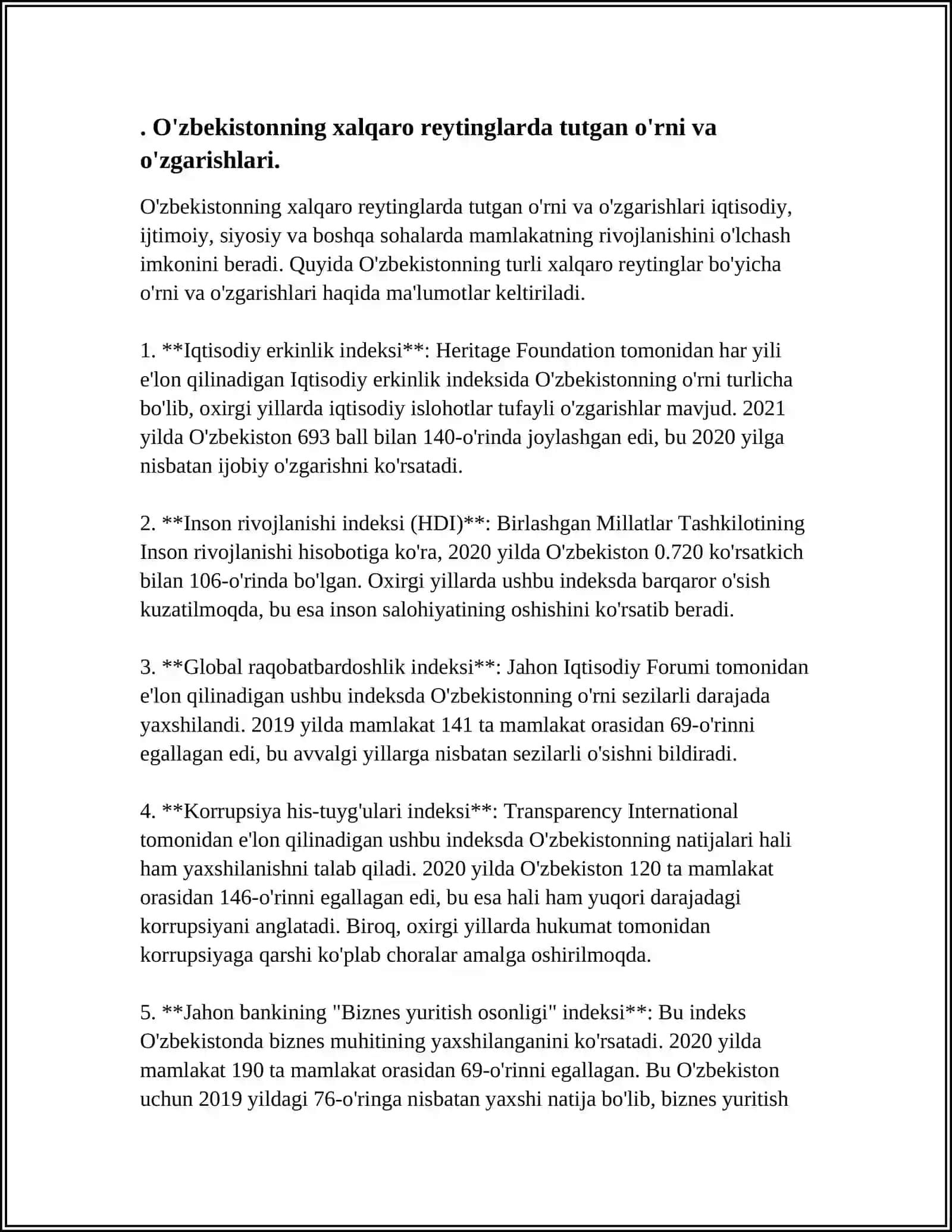 O'ZBEKISTONNING XALQARO REYTINGDAGI KO'RSATKICHLARINI KO'TARISHNING TARIXIY VA SIYOSIY AHAMIYATLARI 4
