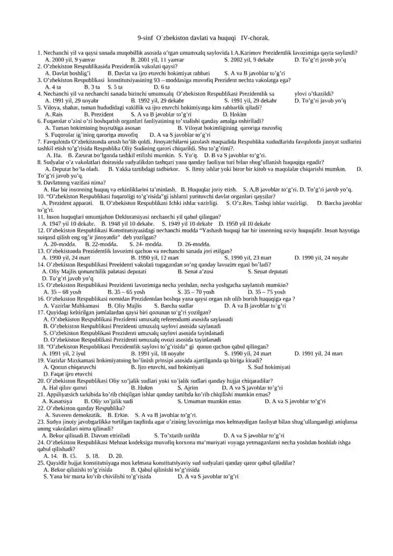 9 sinf uchun Huquq fanidan testlar 4