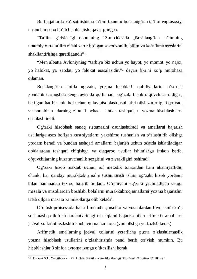 4-SINF O'QUVCHILARIDA OG'ZAKI VA YOZMA XISBLASHNI SHAKLLANTIRISH METODIKASI 4