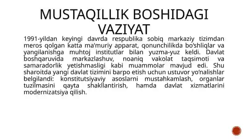 O'zbekiston Respublikasining Mustaqillik yillarida davlat boshqaruvi tizimida amalga oshirilgan islohotlar 4