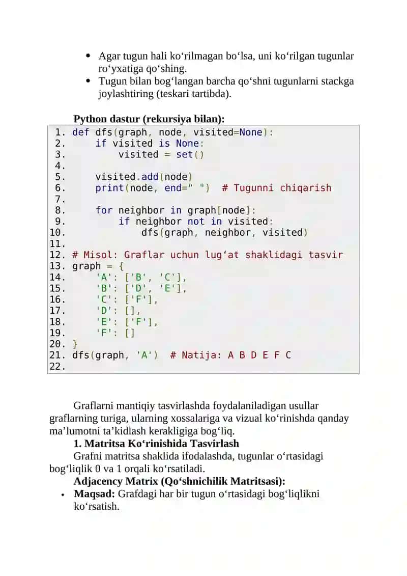 Graflarni ko‘ruv algoritmlarini ishlab chiqish. Berilgan graflarni mantiqiy tasvirlash usullari 4