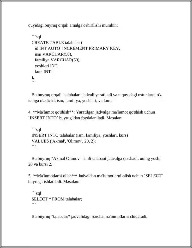 ROYXATGA OLISH BOYICHA MALUMOTLAR BAZASI BILAN ISHLASH MYSQLDA 4