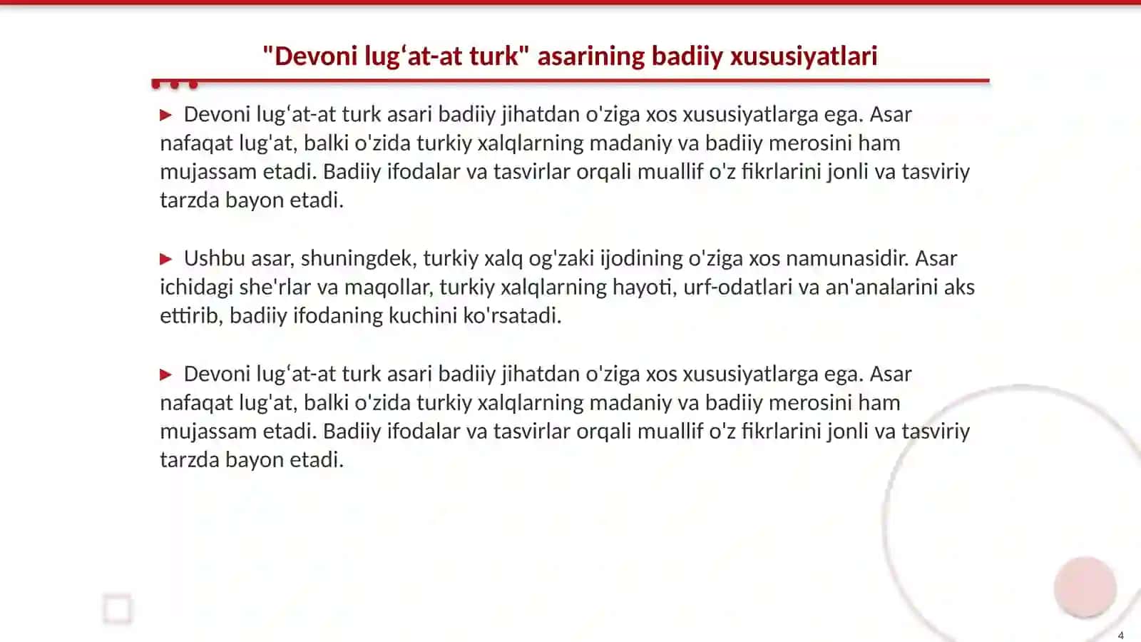 "Devoni lugʻat-at turk" asari gʻoʻyaviy- badiiy xususiyatlari."Qutadğu bilig " dostonida Yusuf Xos Hojibning axloqiy estetik qarashlari 4