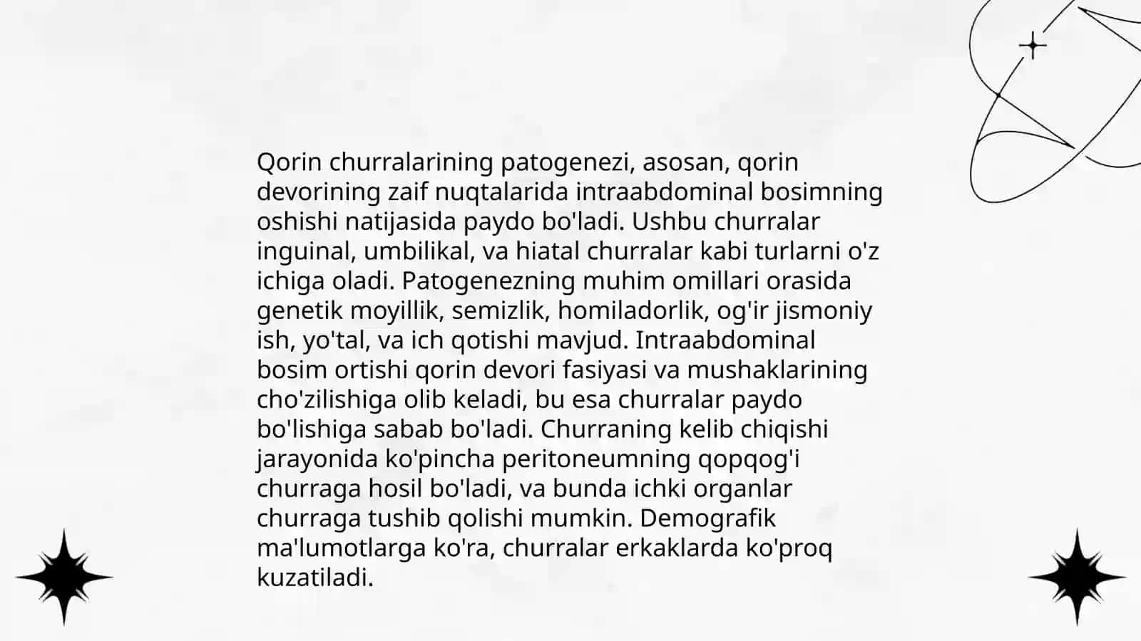 Qorin churalari etiologiyasi,patogenezi.Churralar turi,asoratlari,churraning siqilishi,churra qopi flegmonasi,klinik kechishi,diagnostikasi 4