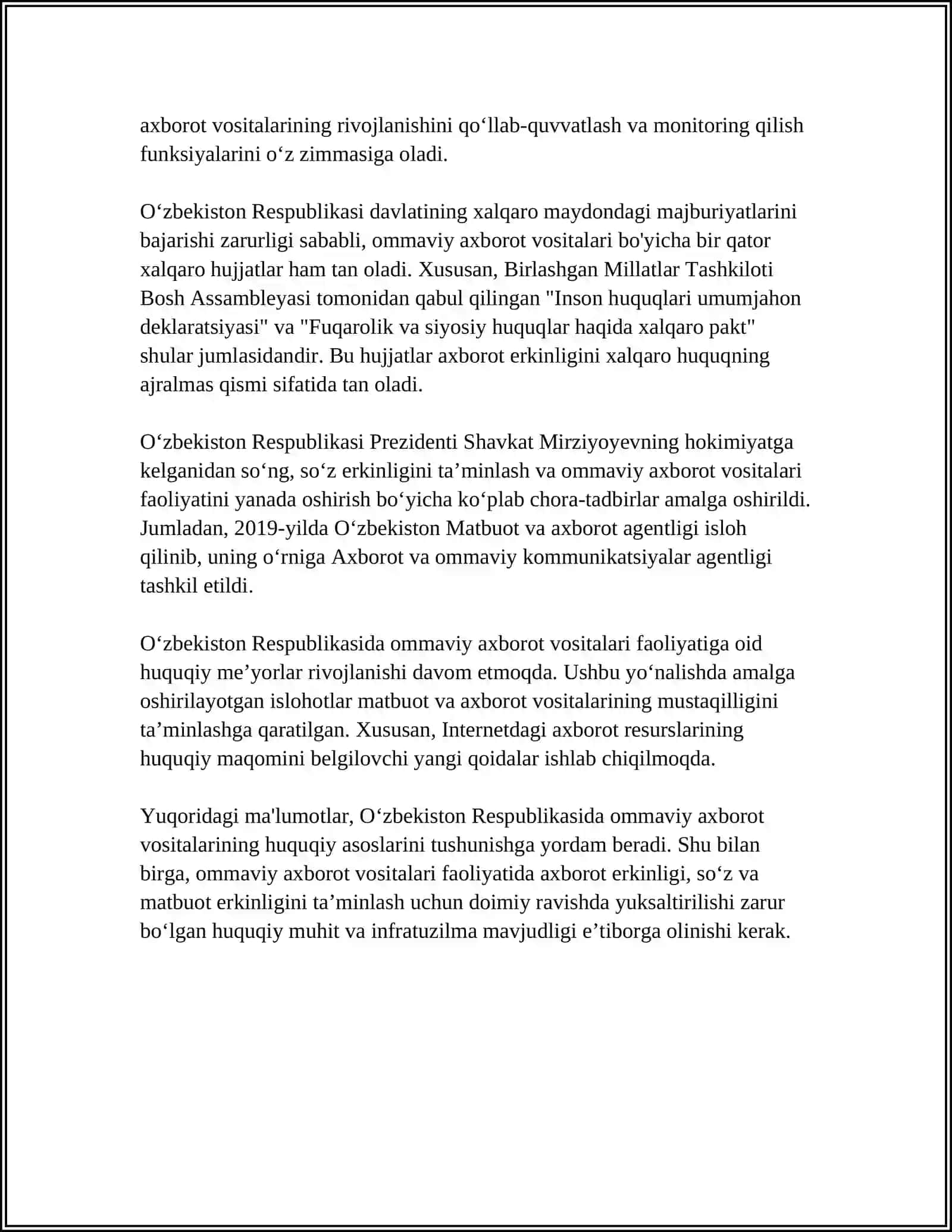 OʻZBEKISTON RESPUBLIKASI OMMAVIY AXBOROT VOSITALARI FAOLIYATI 4