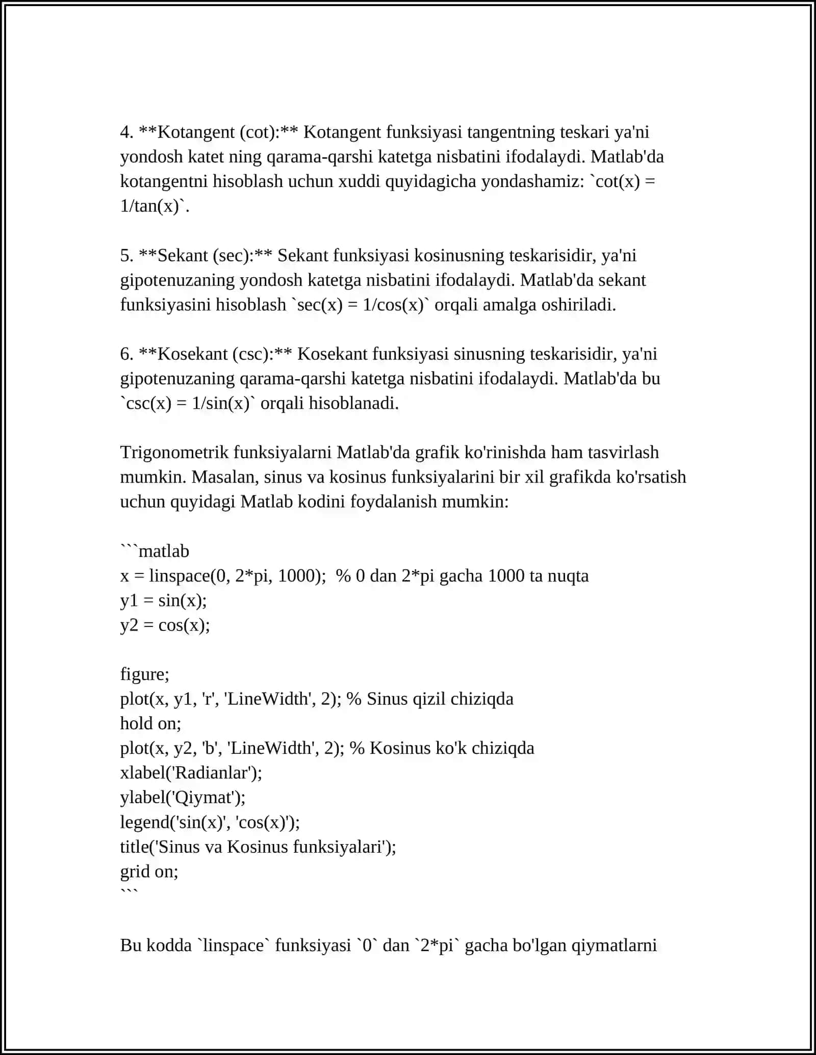MATLAB DASTURIDA TRIGONOMETRIK FUNKSIYALAR BILAN ISHLASH 4