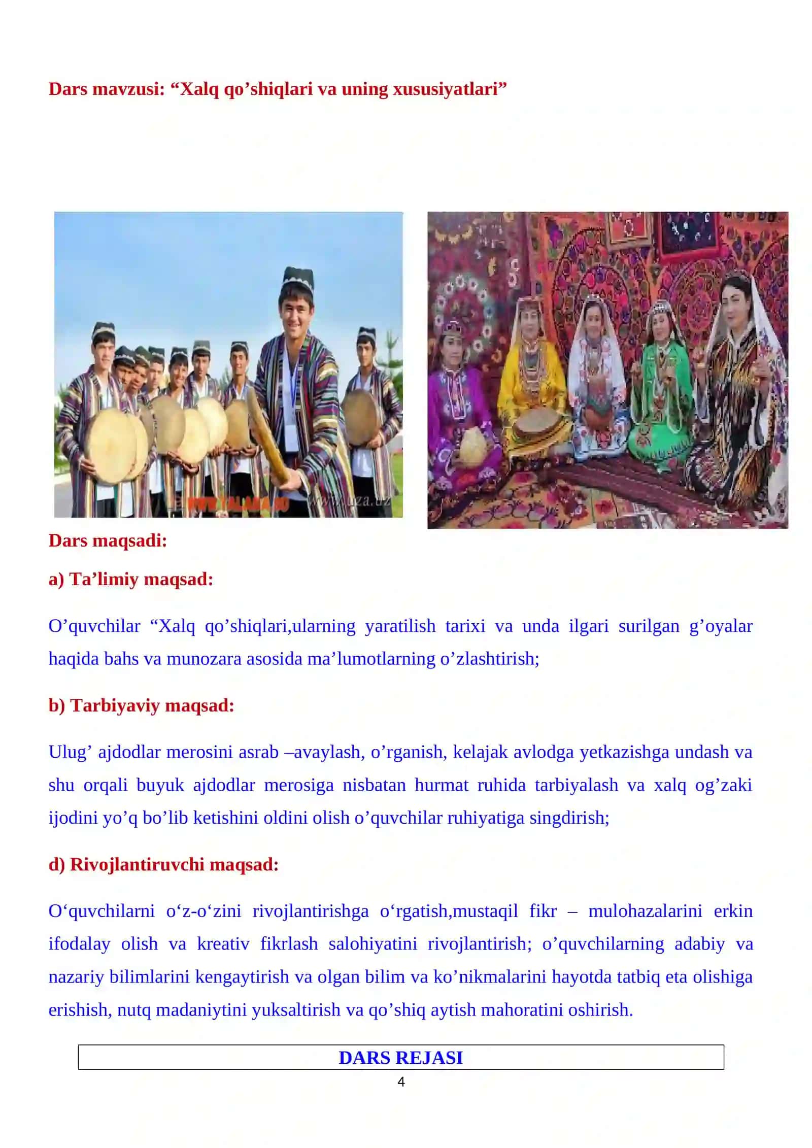 6-sinf Adabiyot fanidan Xalq qo'shiqlari va uning xususiyatlari mavzusida dars ishlanma 4