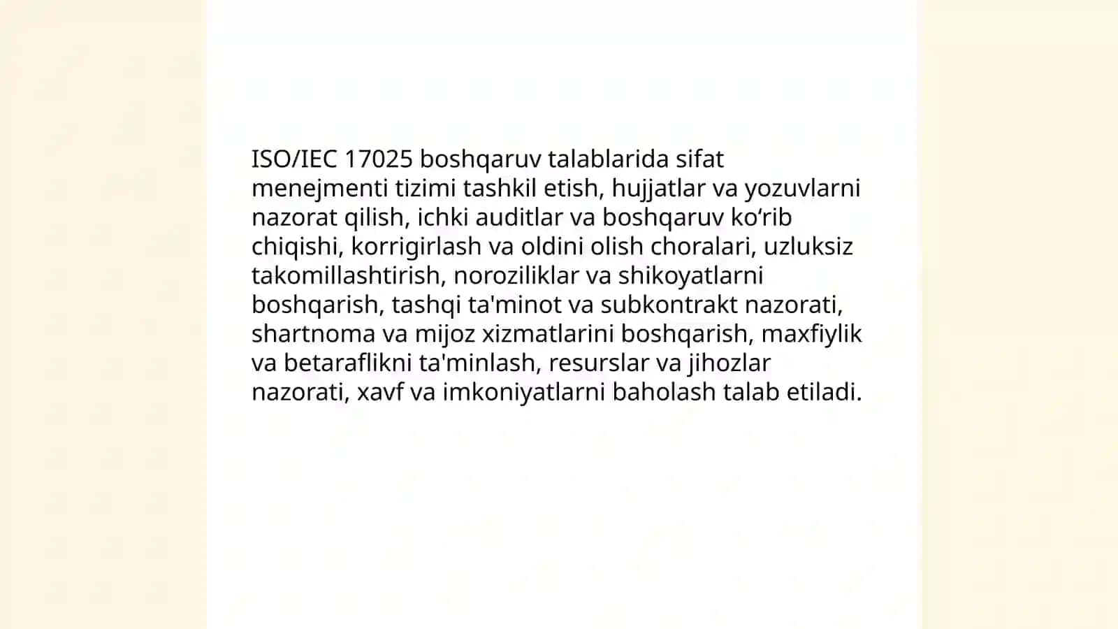 ISO/IEC 17025: Sinov va kalibrlash labaratoriyalarining kampetenligi 4