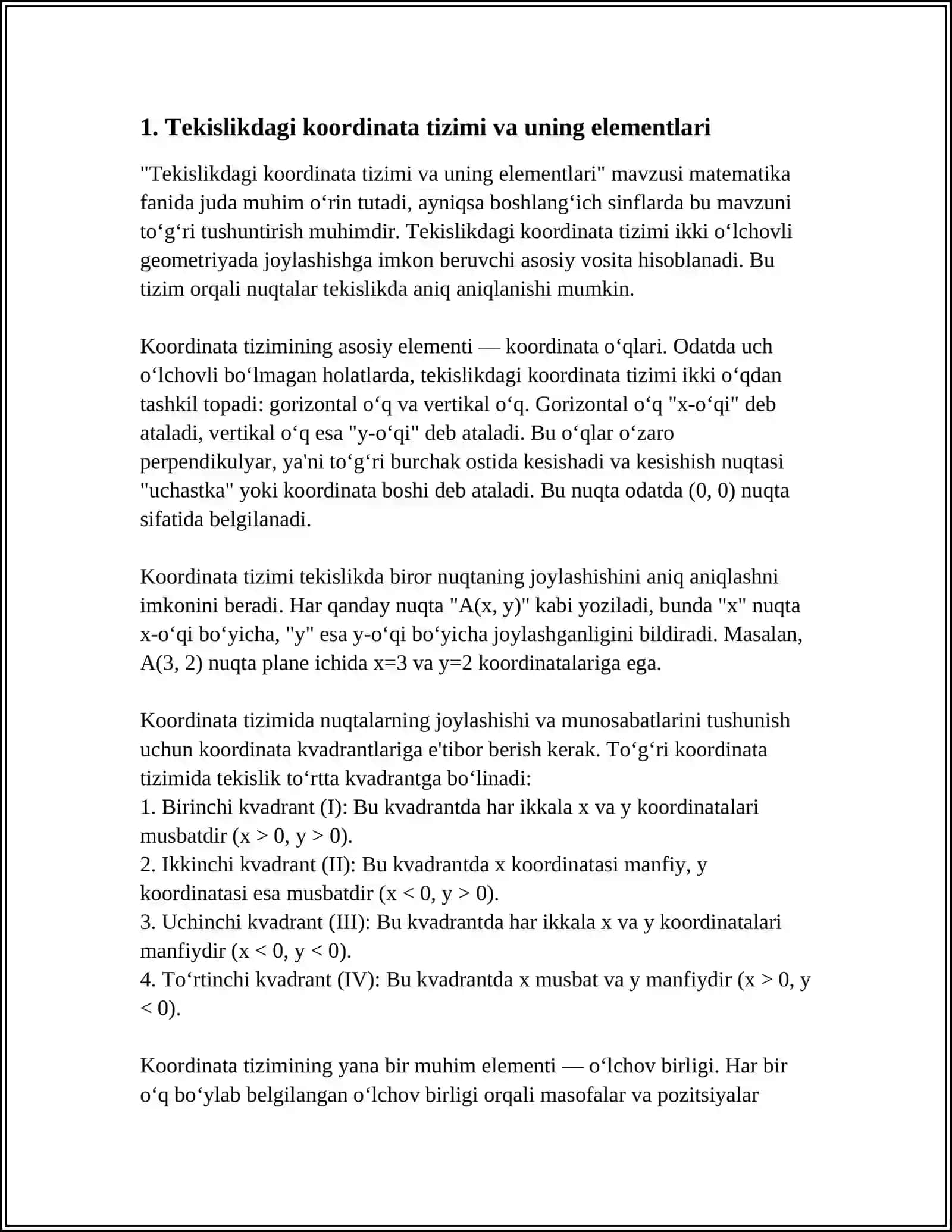 Tekislikdagi koordinata tizimi va uning elementlari 4