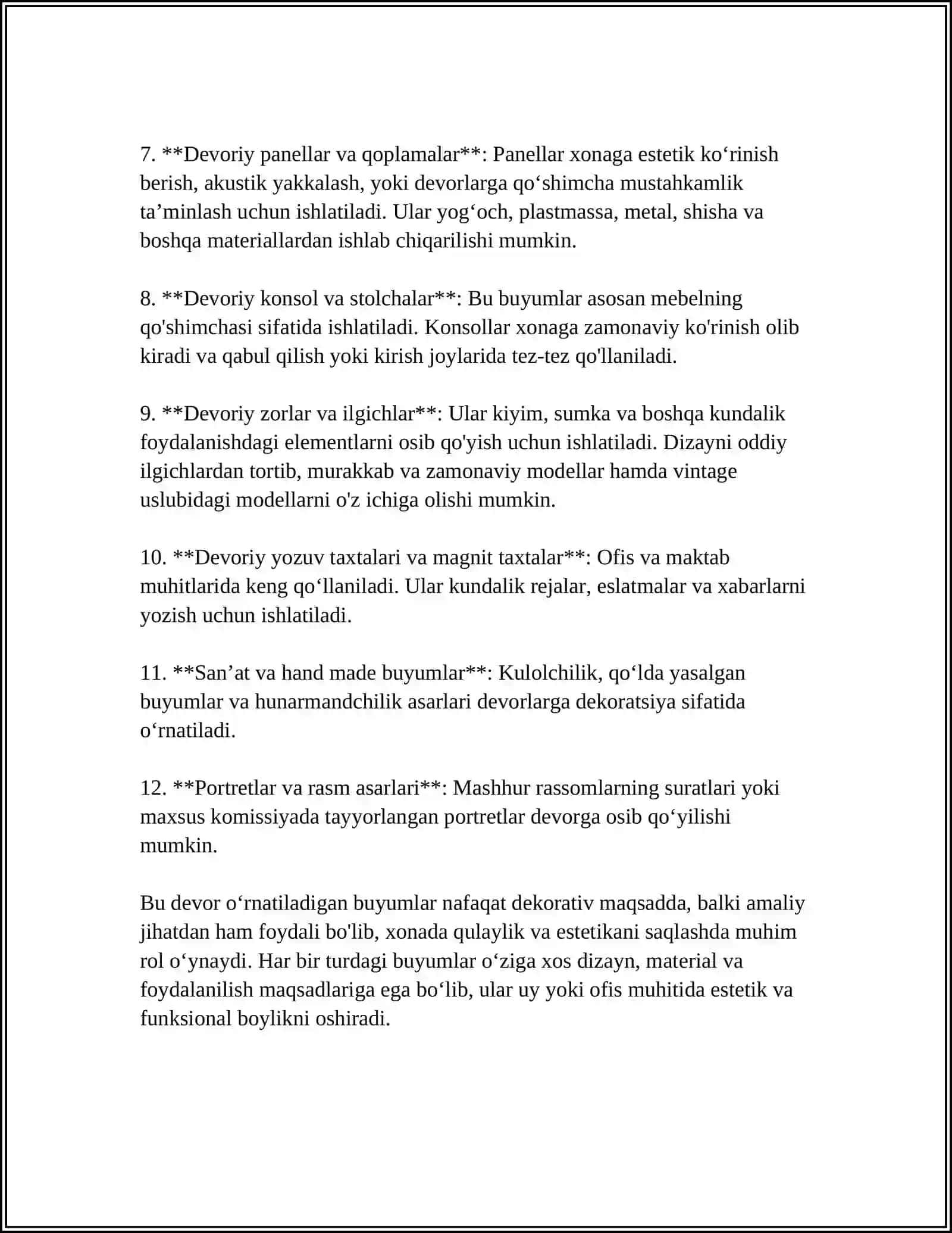 DEVORGA OʻRNATILADIGAN BUYUMLAR VA ULARNI QOTIRISH USULLARI 4