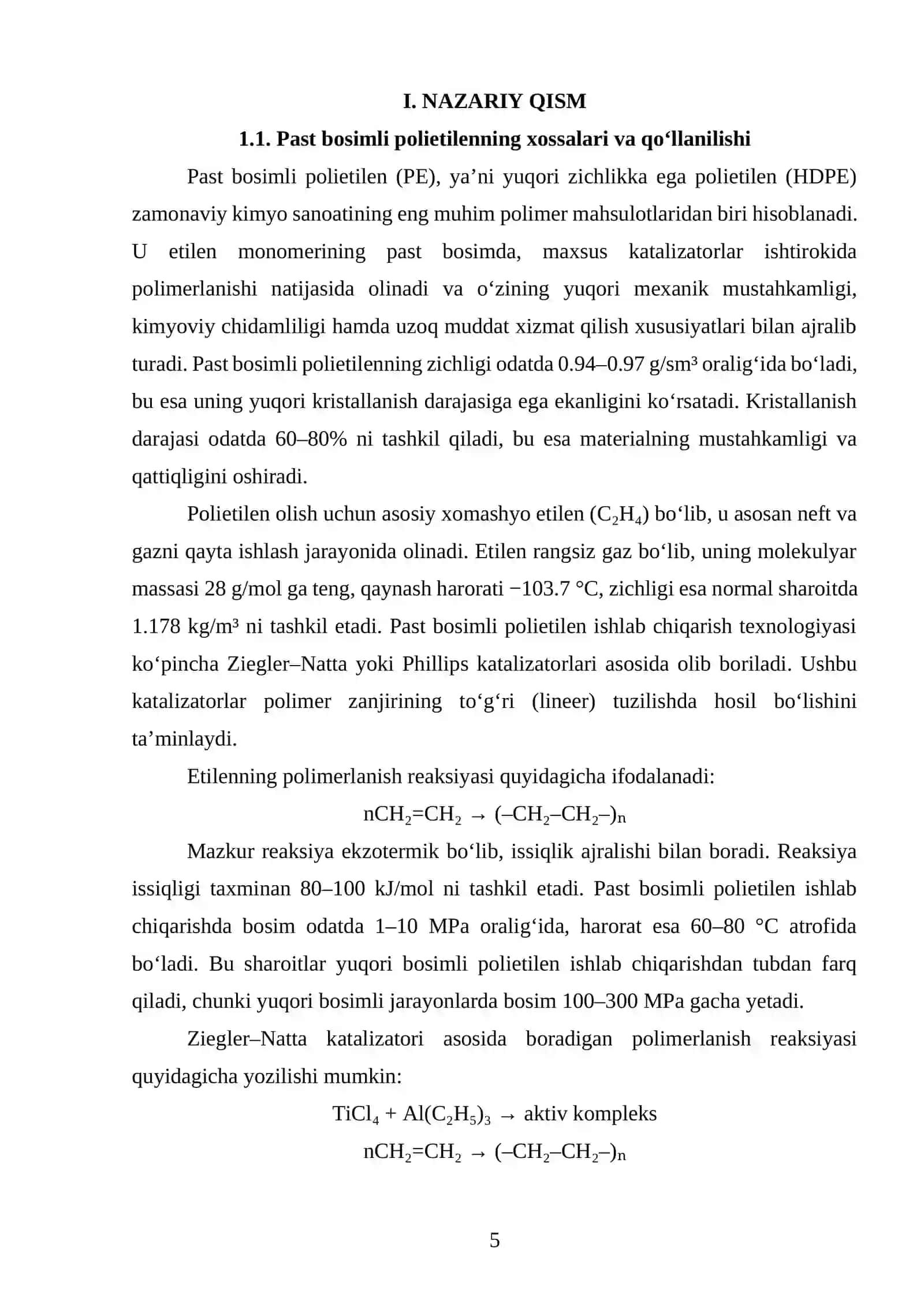 Past bosimda polietilen ishlab chiqarish texnologik liniyasini loyihalash Q=75000 t/yil. 4