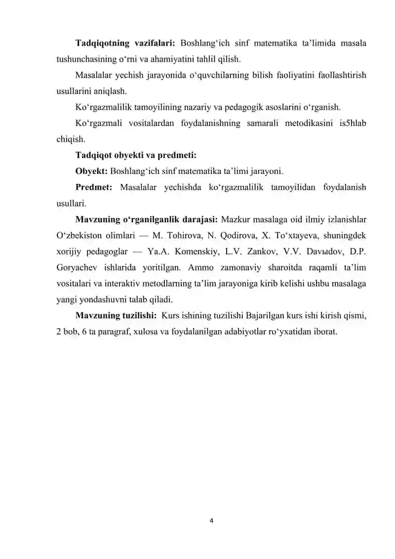 Boshlang'ich sinf matematika darslarida masalalar yechishni ko'rgazmalilik asosida tashkil etish usullari 4