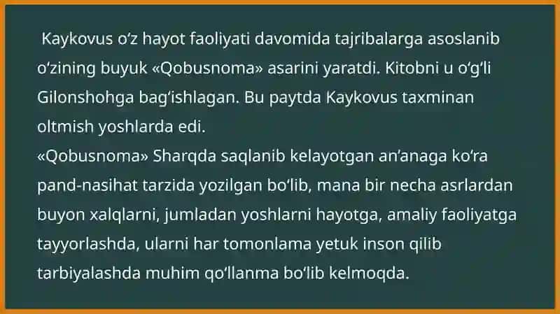 Kaykovusning ,,Qobusnoma'' asarida bola tarbiyasi 4