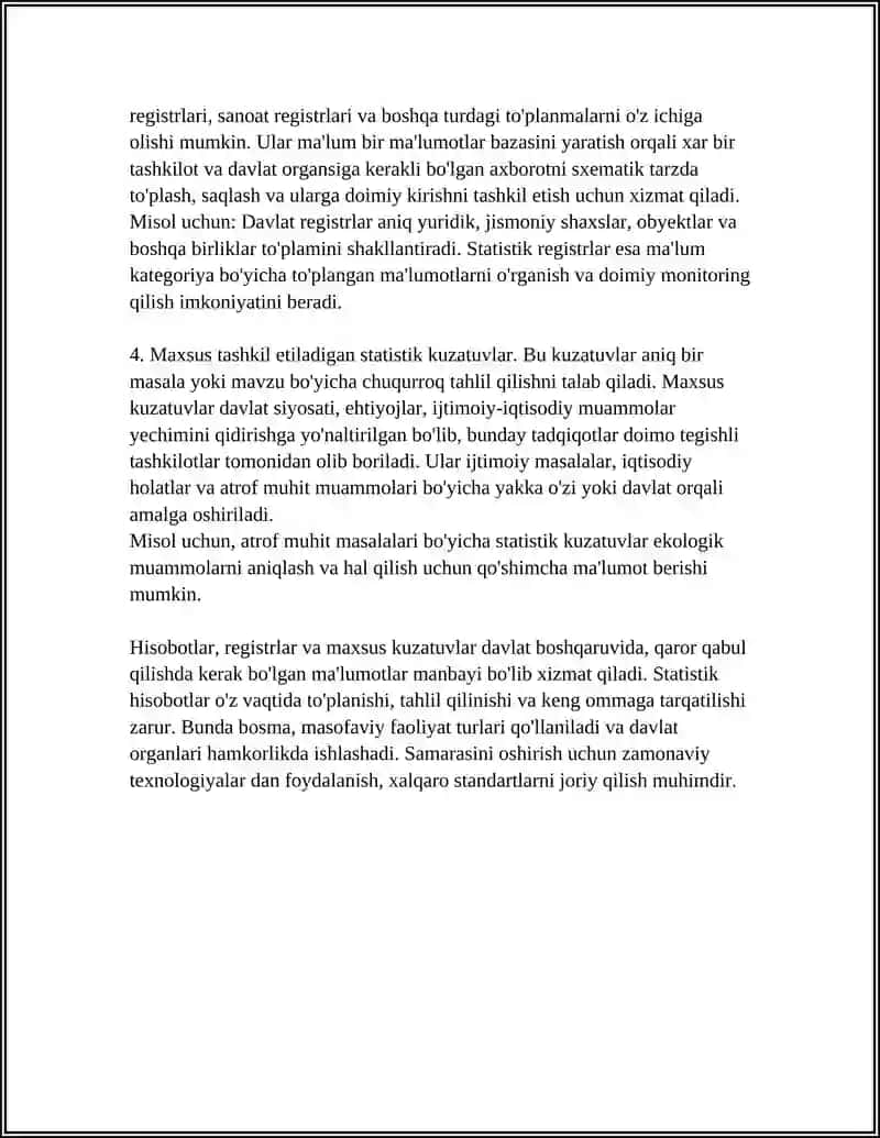 REFERAT STATISTIK HISOBOT, REGISTR VA MAXSUS TASHKIL ETILADIGAN STATISTIK KUZATISHLAR 4