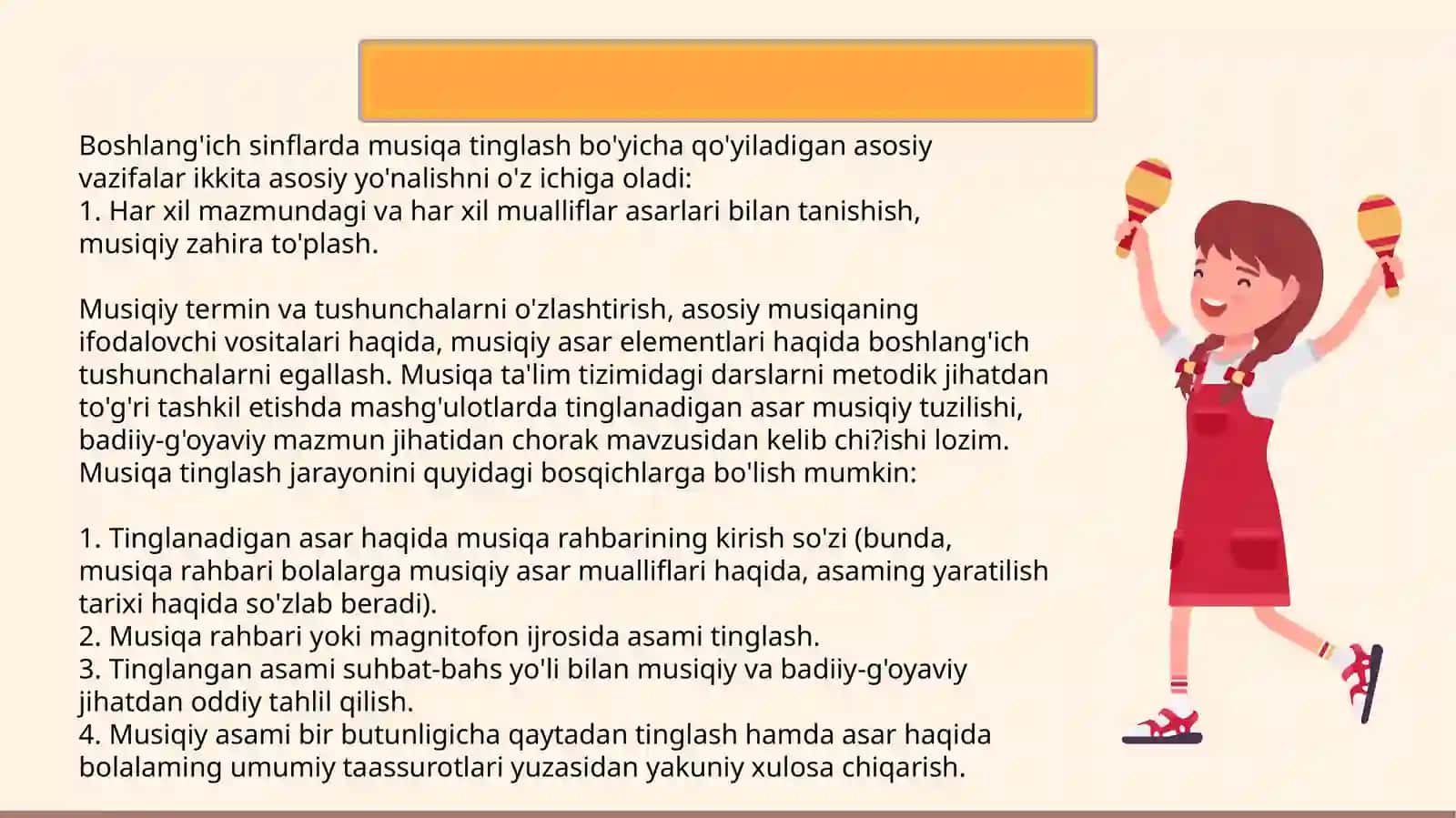 Musiqa darslarida o'quvchilar musiqiy qobiliyatini, xususan, ritm-usul hissi va asar badiiyatini ifodalash malakalarini rivojlantirish ustida ishlash 4