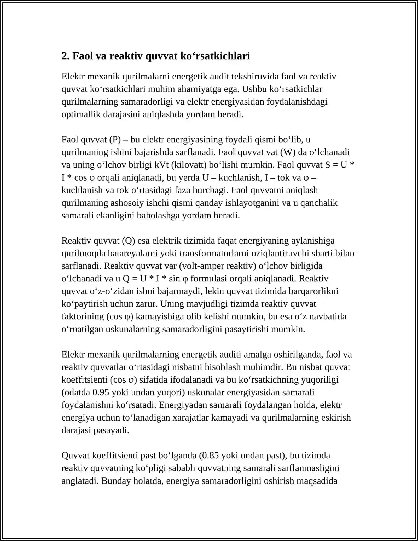 ELEKTR MEXANIK QURILMALARNI ENERGETK AUDIT TEKSHIRUVLARIDA O‘RGANILADIGAN KO‘RSATKICHLARI 4