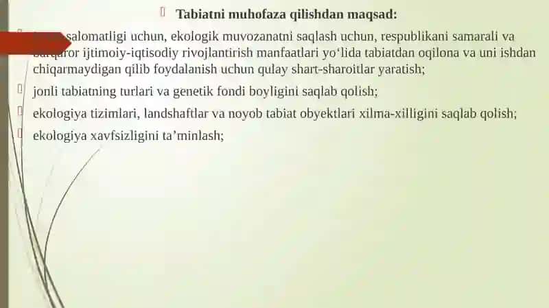 O‘zbekiston Respublikasi tabiatini asrashga doir qonunlari “Ilk qadam” davlat dasturi turli masalalarining yoritilishi hamda ta’lim-tarbiya jarayonlari bilan tanishish. 4