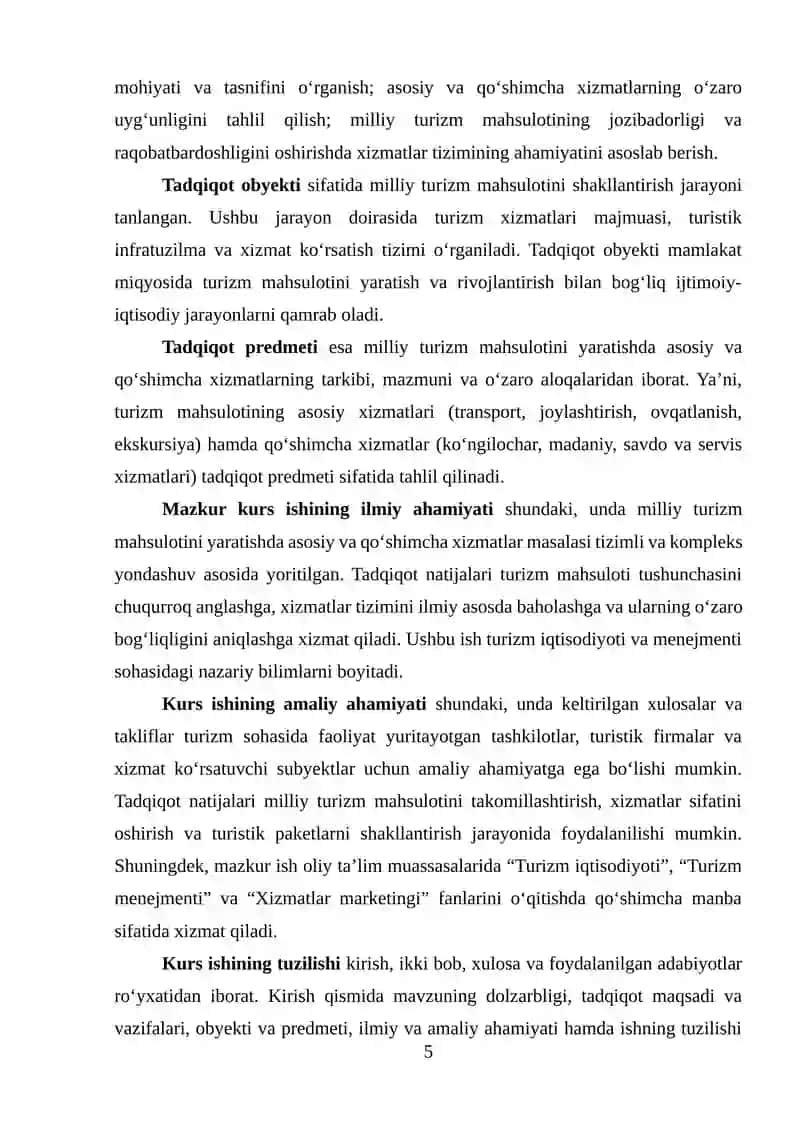 MILLIY TURIZM MAHSULOTINI YARATISHDA ASOSIY VA QOʻSHIMCHA XIZMATLAR 4