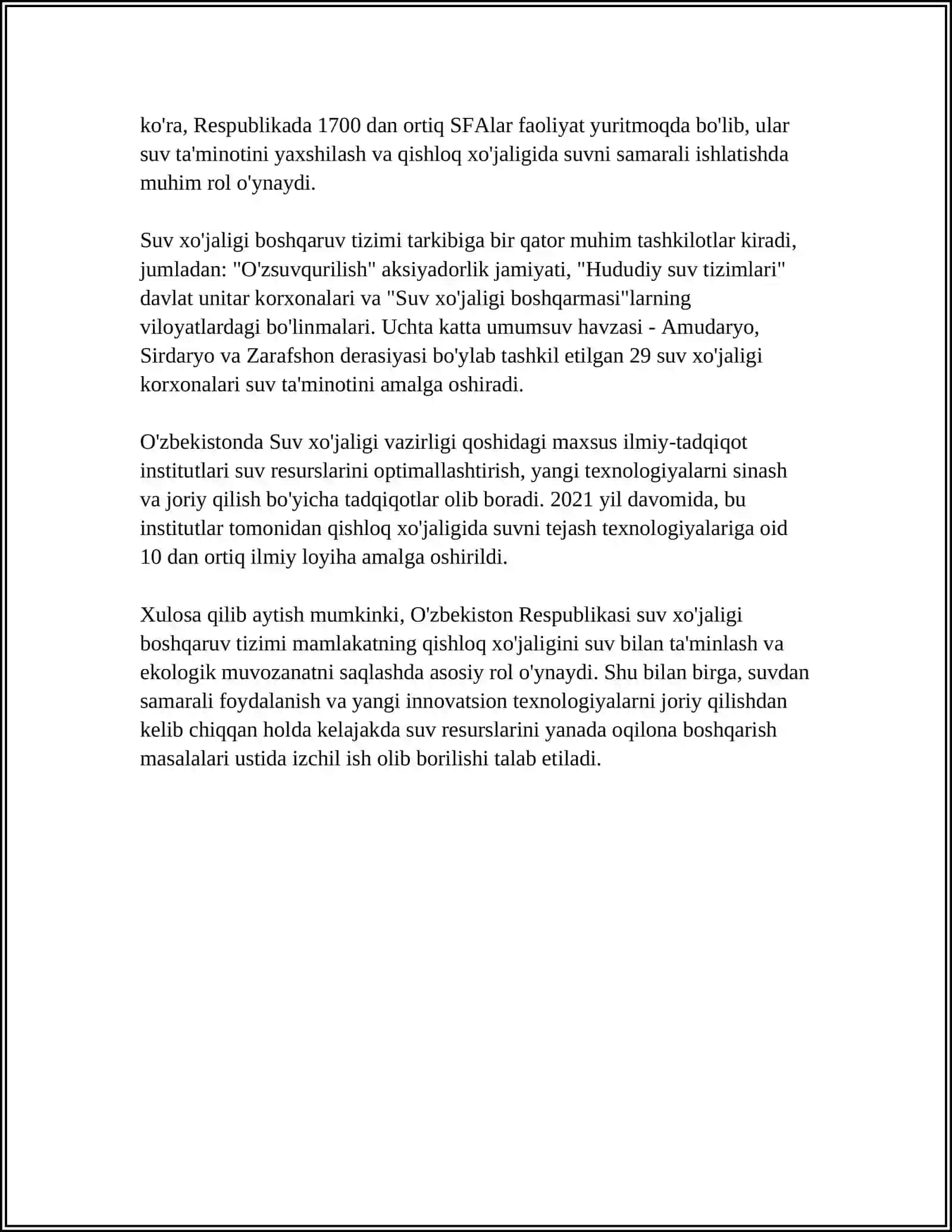OʻZBEKISTON RESPUBLIKASI SUV XOʻJALIGI VAZIRLIGI BOSHQARUV TIZIMI TARKIBI VA ULARNING VAZIFALARI 4
