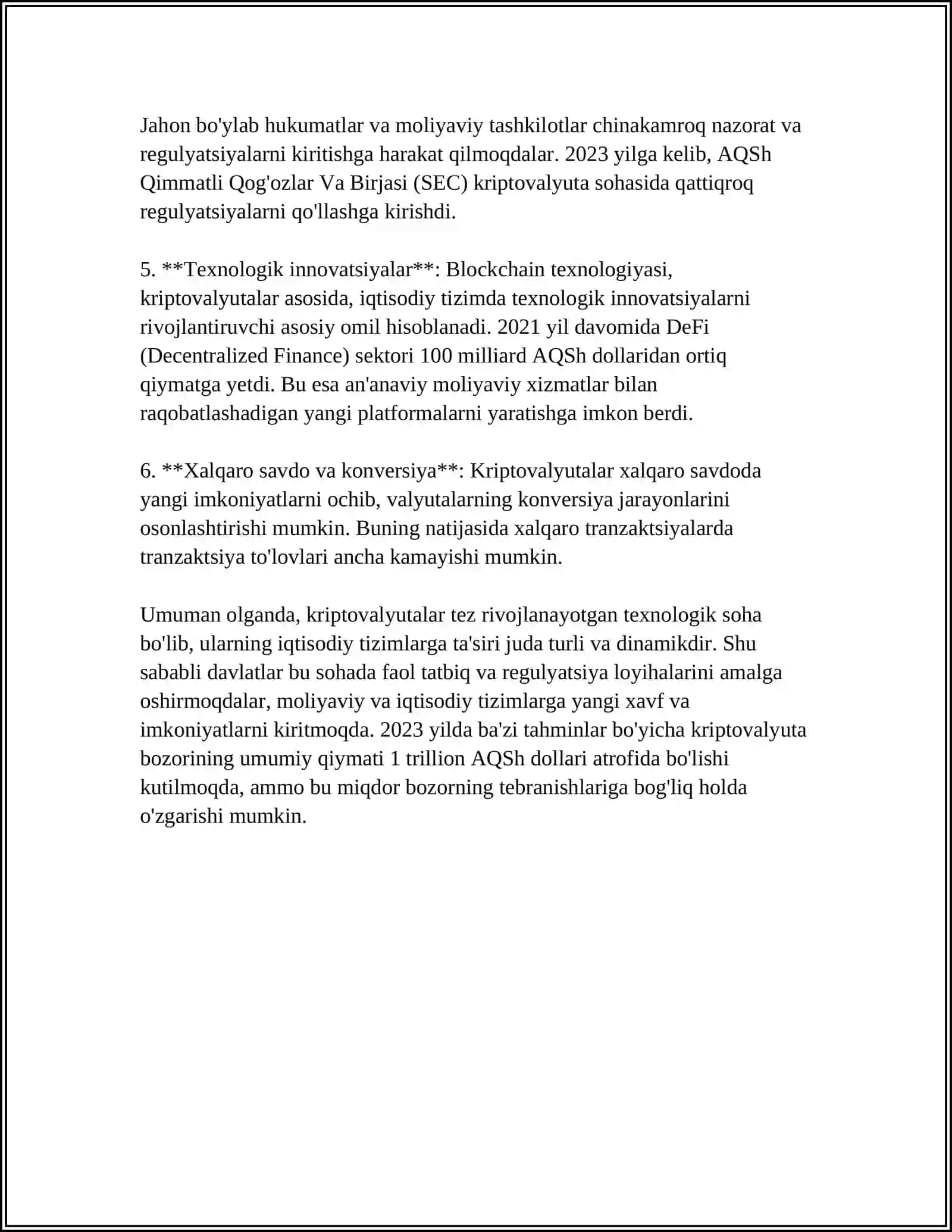 KRIPTOVALYUTANING KELEJAKDA MAMLAKATLAR IQTISODIYOTIDAGI O'RNI 4