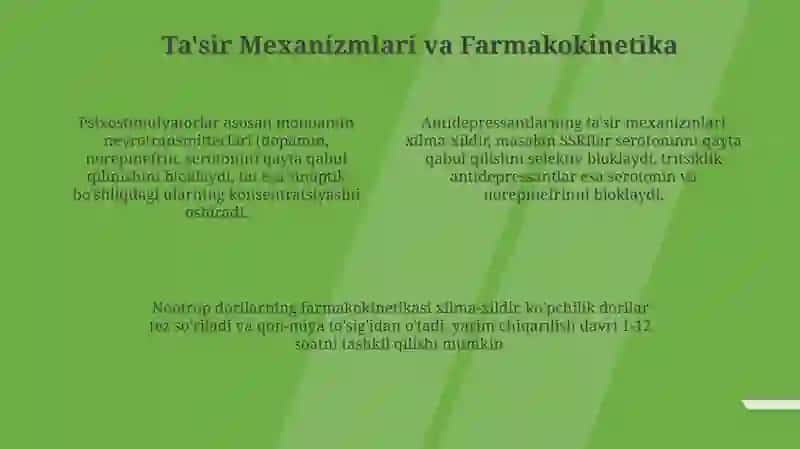 Psixostimulyatorlar, Antidepressantlar, Nootrop dorilar va Analeptiklarning umumiy farmakologiyasi 4