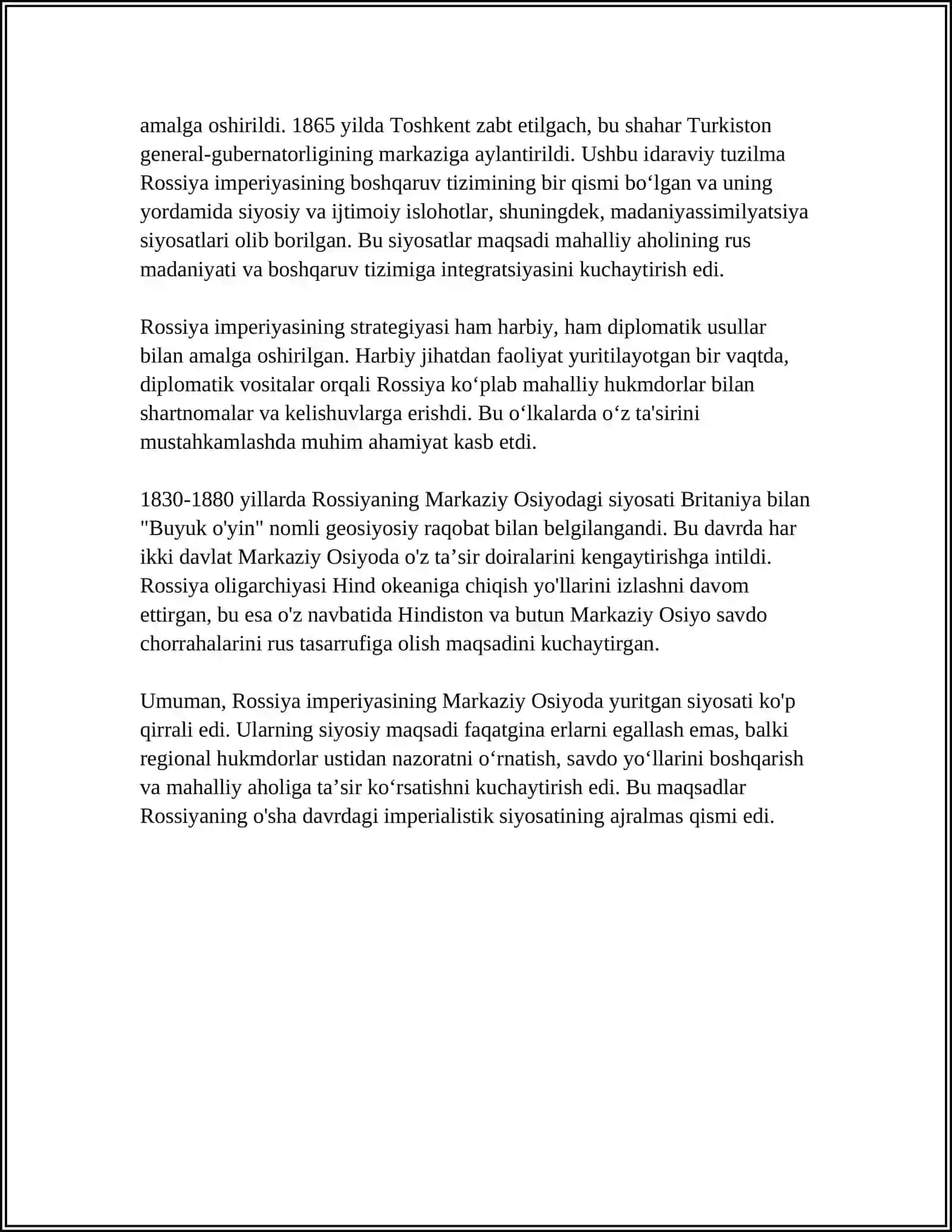 ROSSIYA IMPERIYASINING O'RTA OSIYOGA YURISHI VA TURKISTON GENERAL GUBERNATORLIGINI TASHKIL TOPISHI 4