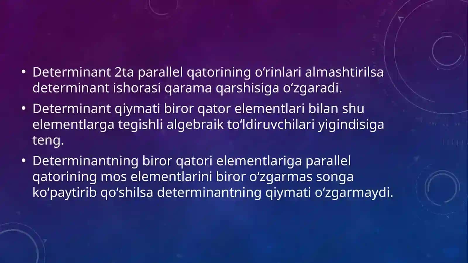 ikkinchi uchinchi va yuqori tartibli determinant.minor va algebraik toʻldiruvchi 4