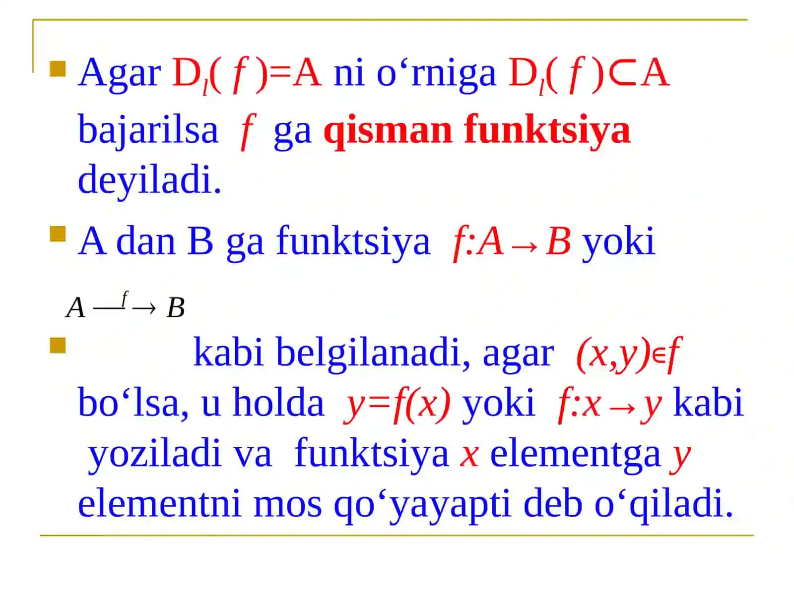 Akslantirish tushunchasi va uning turlari. In’yektiv, syur’yektiv va biyektiv funktsiyalar. Chekli to‘plamlardagi elementlar soniga ko’ra akslantirishlar 4