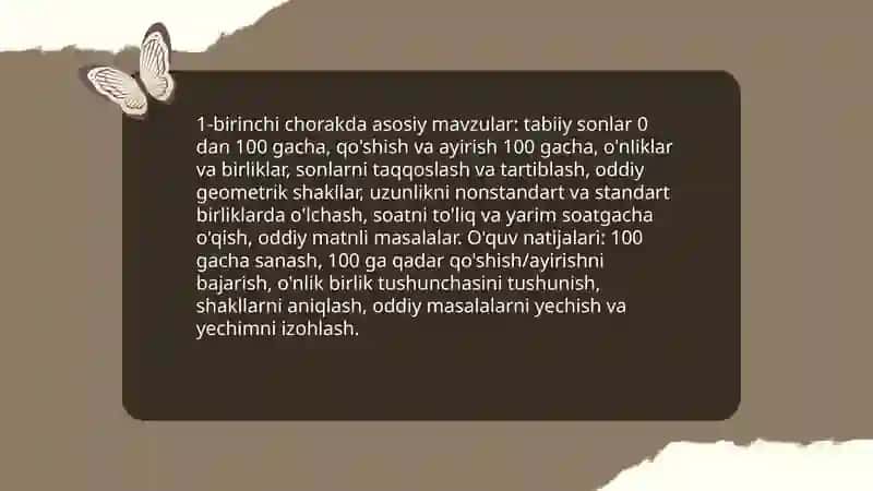 Ikkinchi sinf matematika dasturlari va materiallarning choraklar bo'yicha joylashuvi umumiy tahsili 4