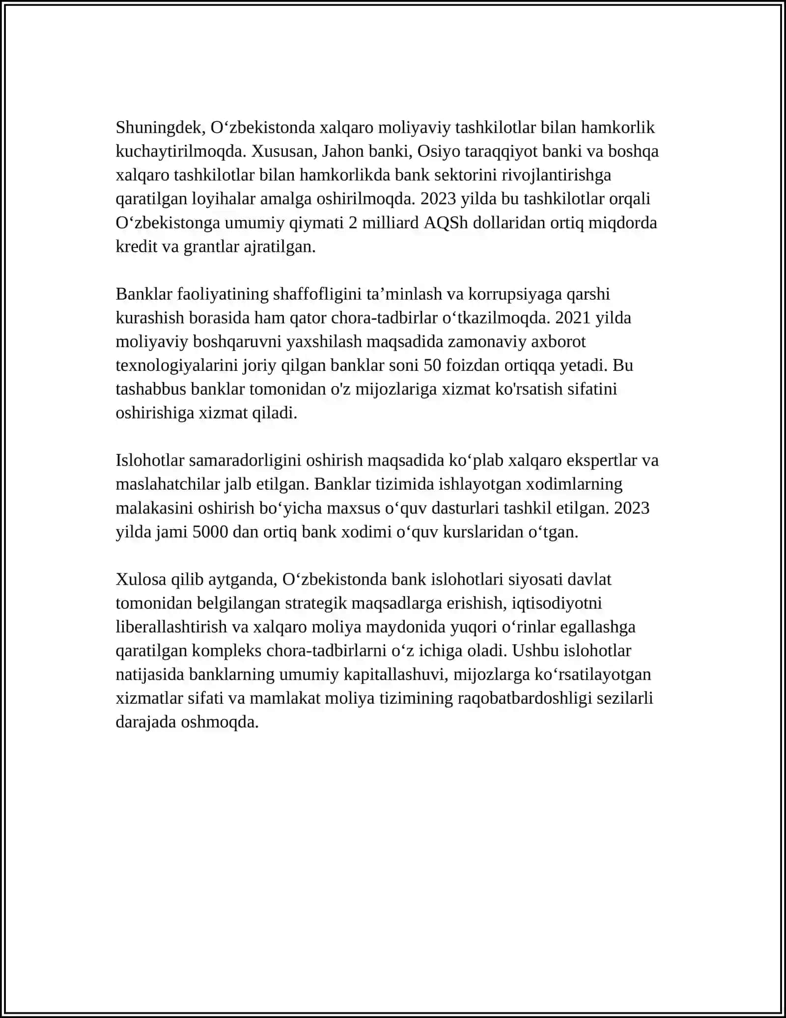 MUSTAQIL ISH Mavzu: O'ZBEKISTONDA BANK TIZIMINI TAKOMILLASHTIRISH 4