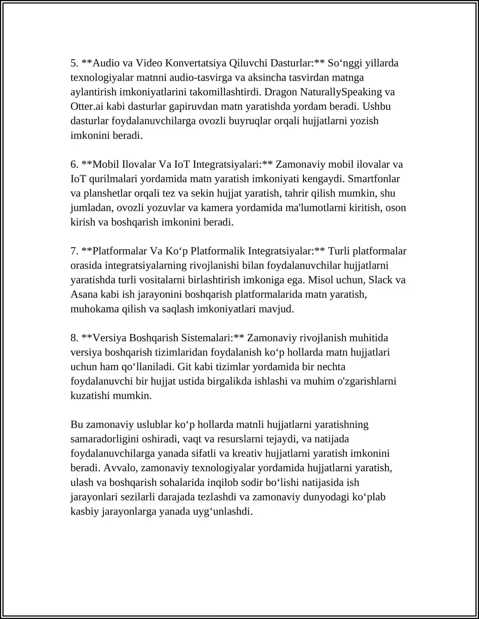 MUSTAQIL ISH Mavzu: MATNLI HUJJATLARNI YARATISH VA QAYTA ISHLASH VOSITALARI 4