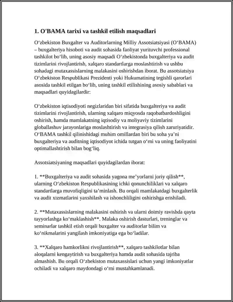 O‘zbekiston Buxgalter va Auditorlarning Milliy Assotsiatsiyasi(O'BAMA) va uning Faoliyat Yo‘nalishlari 4