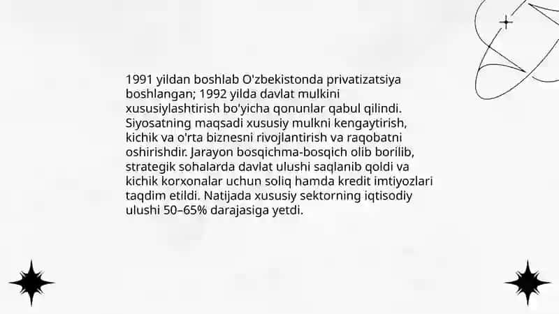 O'zbekistonda bozor iqtisodiyotiga o'tishning zaruriyati va bozor iqtisodiyotining hozirgi holati 4